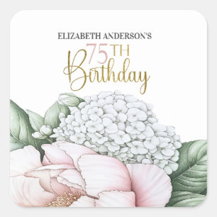 Blush Pink Peony Floral 75th Birthday Square Sticker