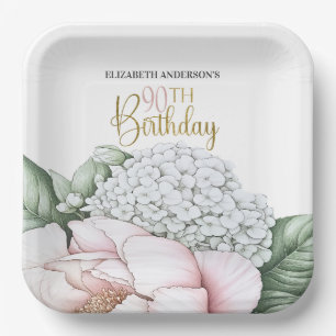 Blush Pink Peony Floral 90th Birthday Paper Plate