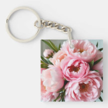 Blush Pink Peony Floral Acrylic Square Keychain 