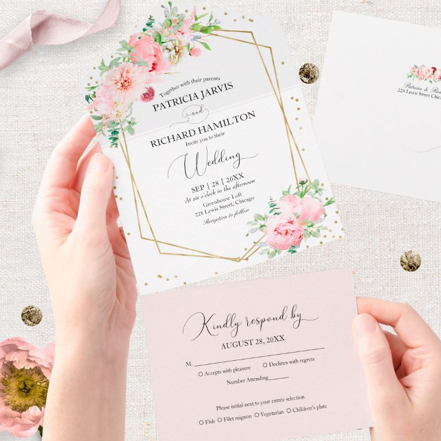 Blush Pink Peony Floral Geometric Wedding All In One Invitation (Creator Uploaded)