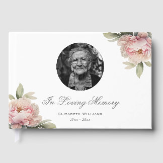 Blush Pink Peony Floral Photo Funeral Memorial Guest Book