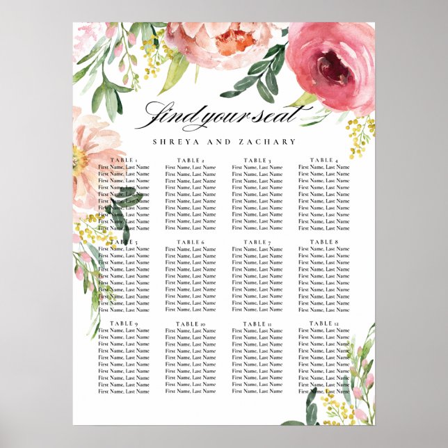 Blush Pink Peony Floral Wedding Seating Chart (Front)