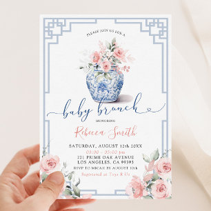 Blush Pink Peony Flowers Chinoiserie Baby Brunch Invitation
