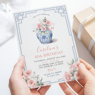 Blush Pink Peony Ginger Jar Chinoiserie Birthday Invitation