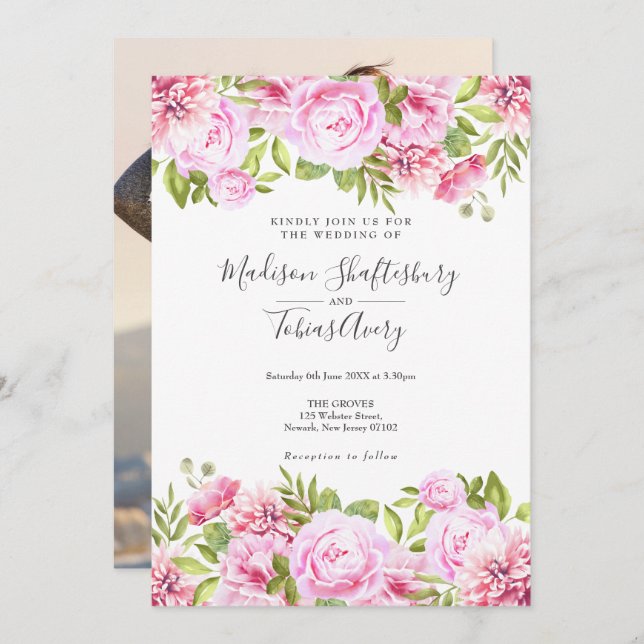 Blush Pink Peony Greenery Floral Photo Wedding Invitation (Front/Back)