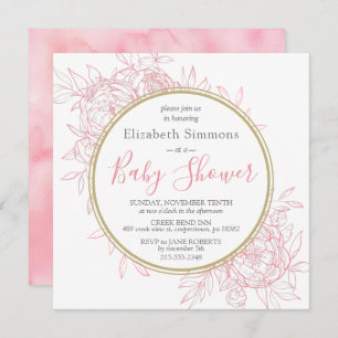 Blush Pink Peony Modern Floral Toile Baby Shower Invitation