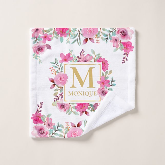 Blush Pink Peony Rose Custom Monogram Wash Cloth (Wash Cloth)