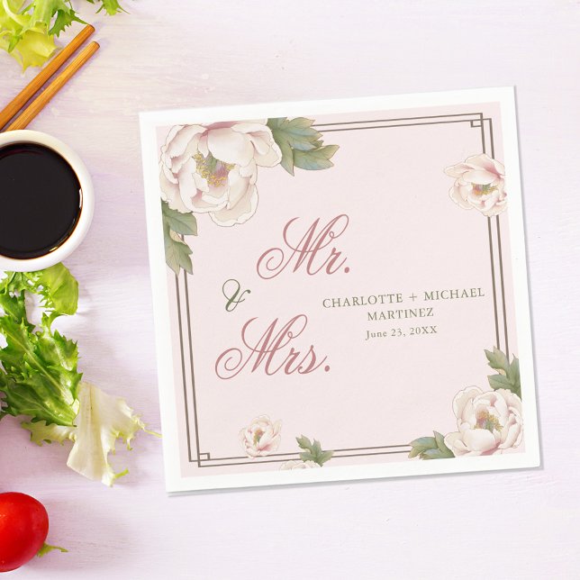 Blush Pink Peony Rose Floral Wedding Mr. and Mrs. Napkin (Creator Uploaded)