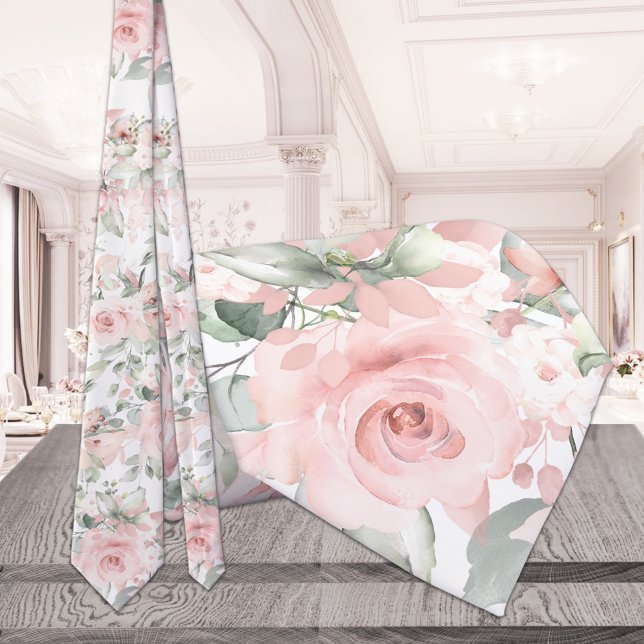 Blush Pink Peony Silver Greenery Wedding Tie (Creator Uploaded)