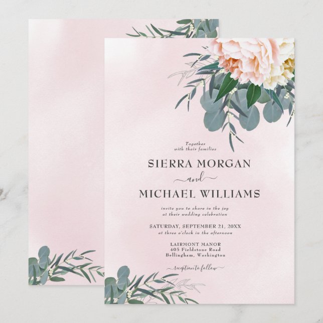 Blush Pink Peony Watercolor Eucalyptus Wedding Invitation (Front/Back)