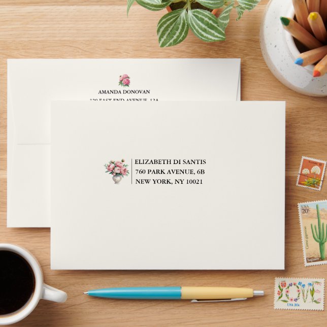 Blush Pink Peony Wedding Back Flap Return Envelope (Desk)