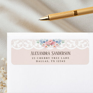 Blush Pink Peony White Vintage Lace Return Address Label