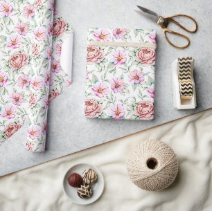 Blush Pink Peony & Wildflower Watercolor Wrapping Paper