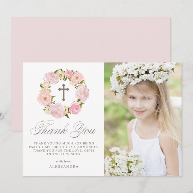 Blush Pink Peony Wreath Grey First Holy Communion Thank You Card (Front/Back)