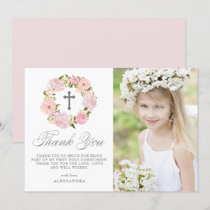 Blush Pink Peony Wreath Grey First Holy Communion Thank You Card