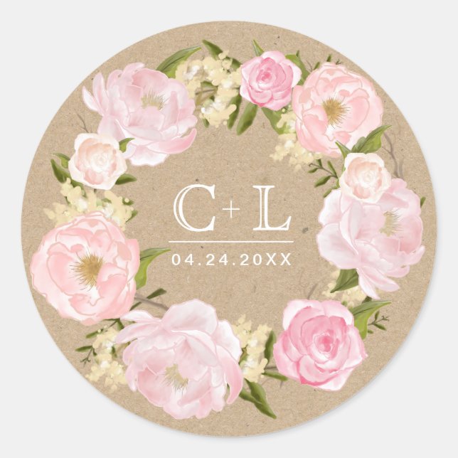 Blush Pink Peony Wreath Kraft Paper Wedding Classic Round Sticker (Front)