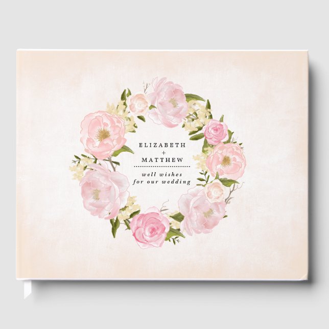 Blush Pink Peony Wreath Watercolor Wedding  Guest Book (Front)