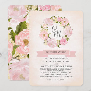 Blush Pink Peony Wreath Watercolor Wedding Invitation