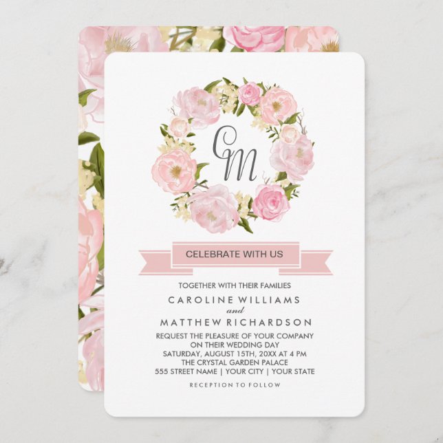 Blush Pink Peony Wreath Wedding Invitation (Front/Back)