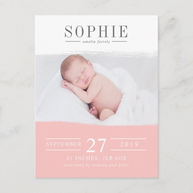 Blush pink perfection photo birth announcement postcard (Front)