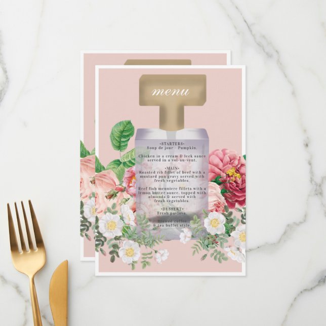 Blush Pink Perfume Bottle Floral Bridal Shower Menu (Front/Back In Situ)