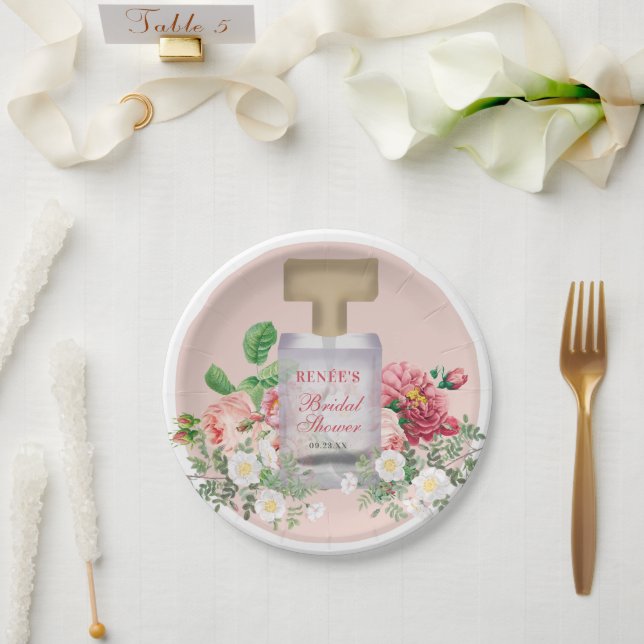 Blush Pink Perfume Bottle Floral Bridal Shower  Paper Plate (Wedding)