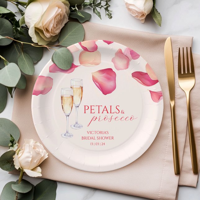 Blush Pink Petals and Prosecco Bridal Shower Paper Plate (Creator Uploaded)