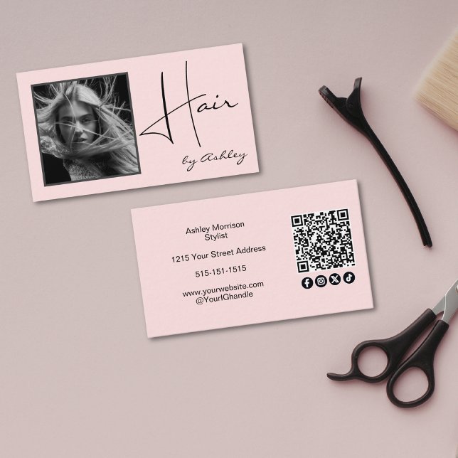 Blush Pink Photo Black Script Hair QR Code Social  Business Card (Creator Uploaded)