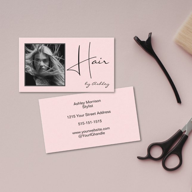 Blush Pink Photo Black Script Hair Stylist  Business Card (Creator Uploaded)