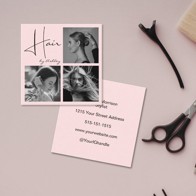 Blush Pink Photo Black Script Hair Stylist  Square Business Card (Creator Uploaded)