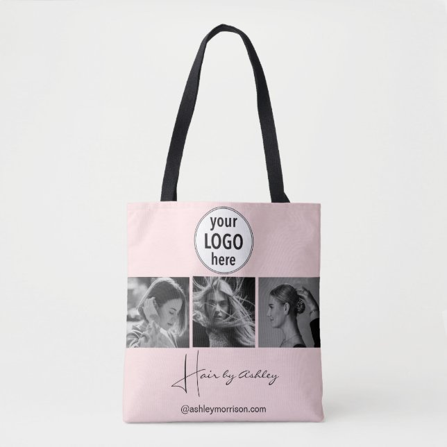 Blush Pink Photo Black Script Hair Stylist  Tote Bag (Front)