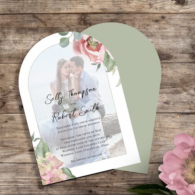 Blush Pink Photo Floral Wedding Arch Invitation (Elegant blush pink floral arch photo wedding invitation template. )