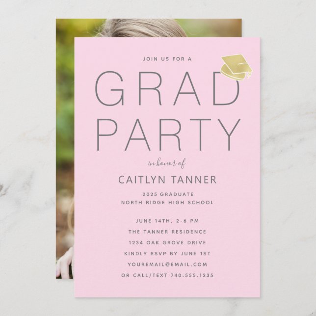 Blush Pink Photo Graduation Party Invitation (Front/Back)