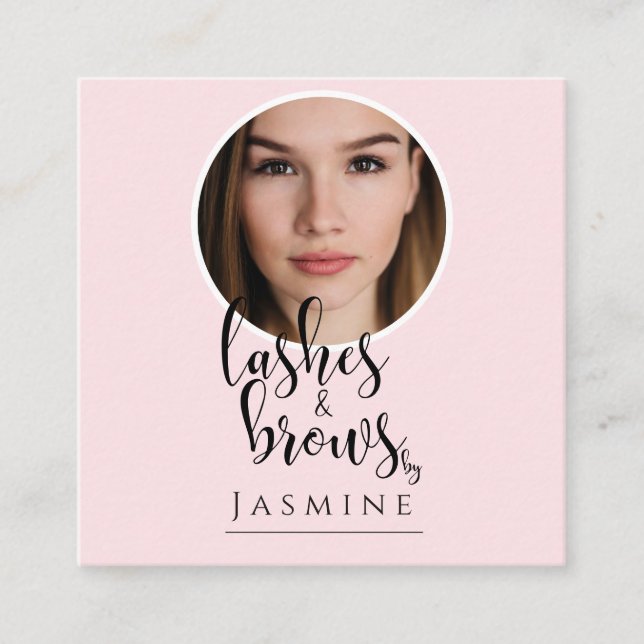 Blush Pink Photo Lashes & Brows QR Code Square Business Card (Front)
