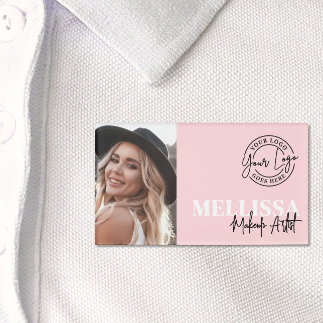 Blush Pink Photo Logo Name Tag (Blush Pink Script Logo Photo Makeup Name Tag)