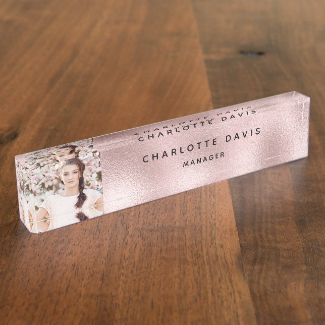 Blush pink photo monogram modern employee nameplate (Side)