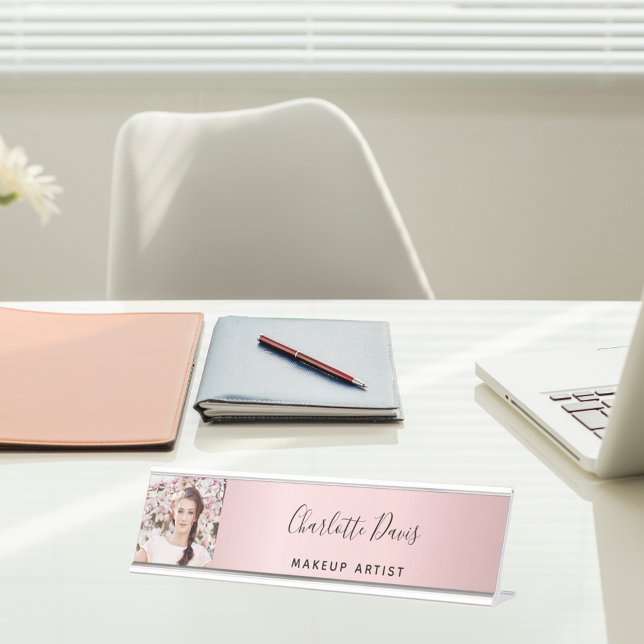 Blush pink photo monogram modern signature desk name plate (Creator Uploaded)
