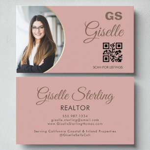 Blush Pink Photo Monogram Realtor QR Code Business Card