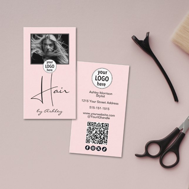 Blush Pink Photo Script Hair Logo QR Code Social  Business Card (Creator Uploaded)