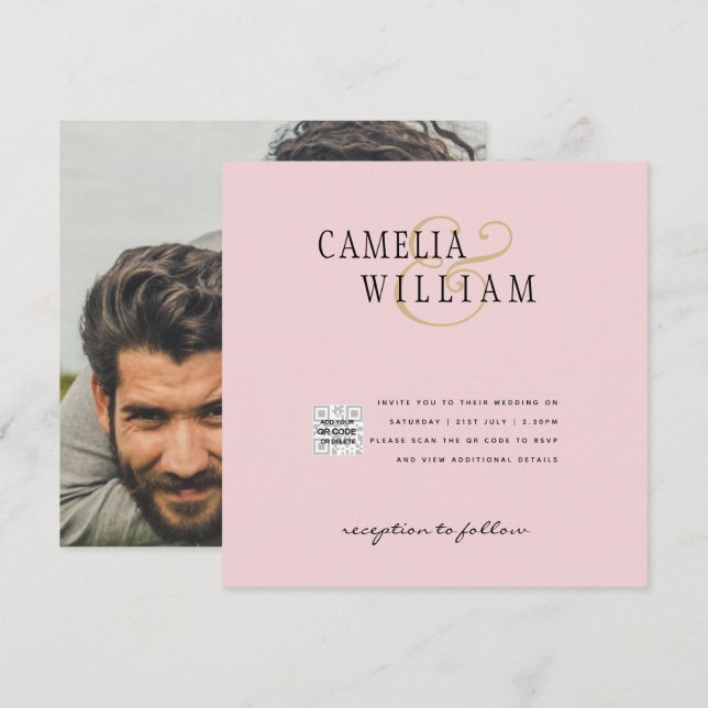 Blush PINK Photo Wedding Invite QR Code Save Date (Front/Back)