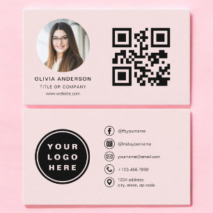 Blush Pink Photo with QR Code Social Media Business Card
