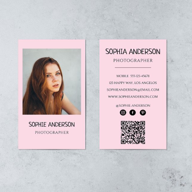 Blush Pink Photographe Photo with QR Code Business Card (Creator Uploaded)