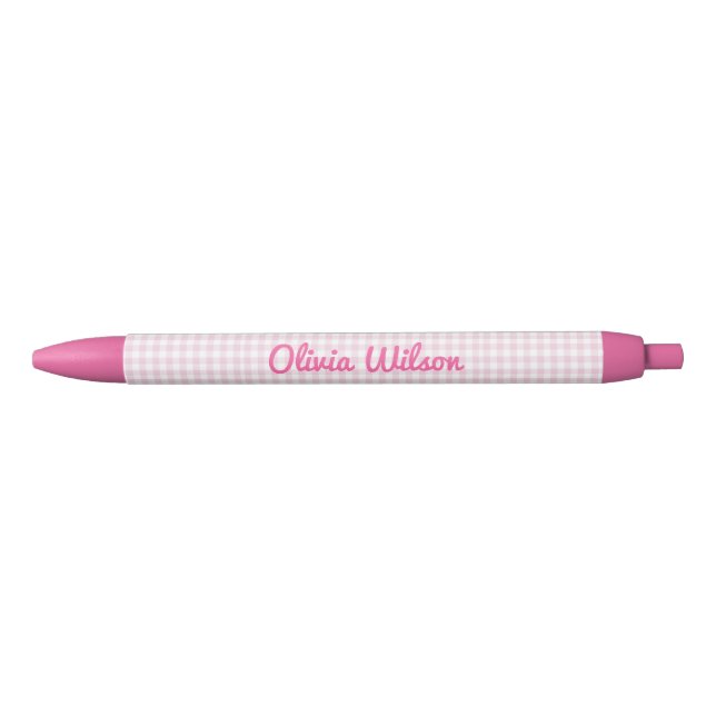 Blush Pink Plaid Script Name Monogram Black Ink Pen (Front)