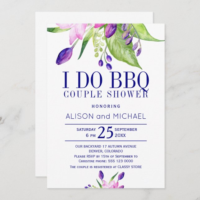Blush pink plum navy i do bbq couple shower invitation (Front/Back)