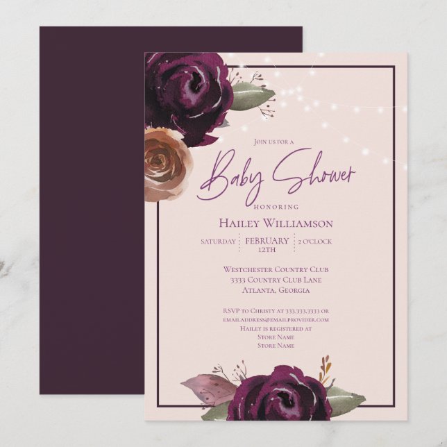 Blush Pink, Plum, Purple String Lights Baby Shower Invitation (Front/Back)