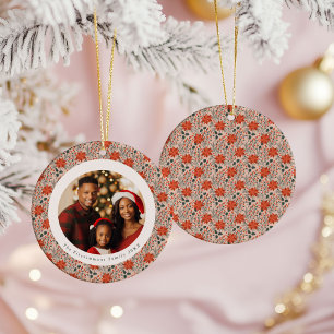 Blush Pink Poinsettia 1 Family Photo Christmas Ceramic Ornament