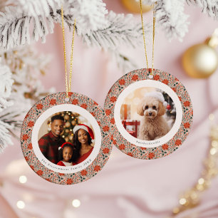 Blush Pink Poinsettia 2 Family Photos Christmas Ceramic Ornament