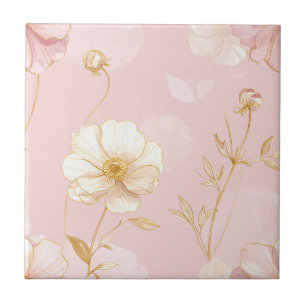 Blush Pink Poppy Floral Print with Gold Accents Ceramic Tile