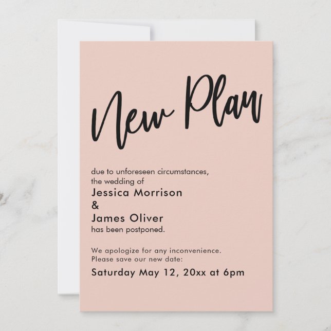 Blush Pink Postponed Wedding New Plan Update Card (Front)