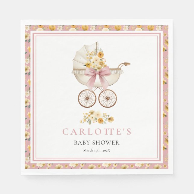 Blush Pink Pram Floral Baby Shower Luncheon Napkin (Front)